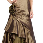 Bronze Taffeta Prom Dress with Floral Accent